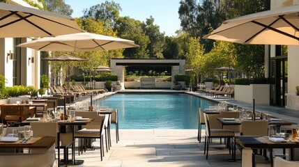 Fototapeta premium Poolside dining area with tables, umbrellas, and a serene pool in the background.