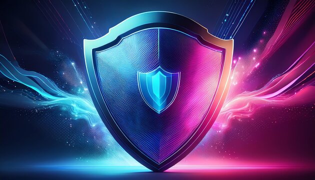 A futuristic shield symbolizing protection and security in a digital environment with vibrant colors.