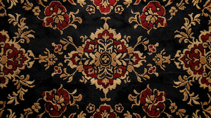 A photo of a classic patterned machine-made carpet displays intricate designs and vibrant colors,...