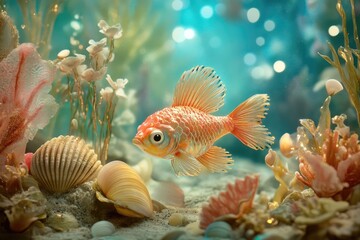 A Golden Fish Swimming Among Seashells and Underwater Plants