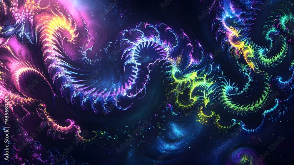 Poster 1. an abstract neon fractal design fills the canvas with vibrant colors, featuring intricate swirlin