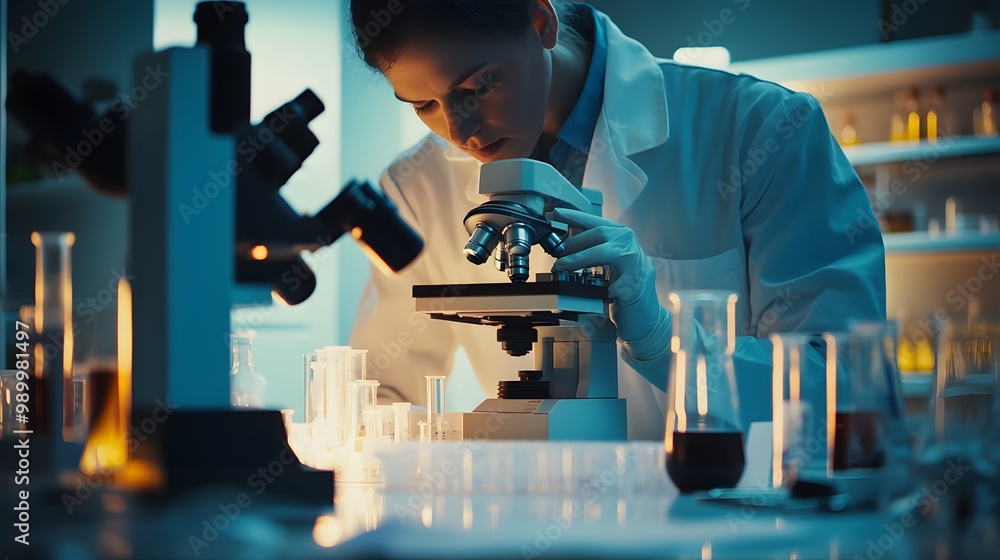 Poster a scientist using a microscope in a laboratory setting.