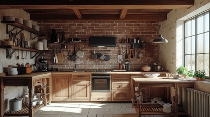Rustic kitchen with wooden beams, brick accents, and vintage kitchen tools hanging on the walls