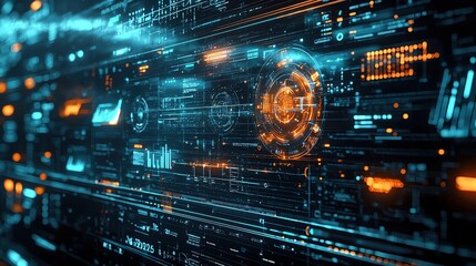 Obraz premium Futuristic digital interface with glowing elements and data visualization, perfect for tech-themed projects and innovations.