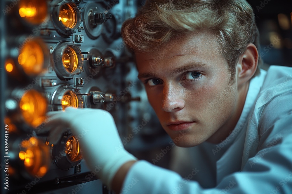 Poster young man with a focused expression in a laboratory setting