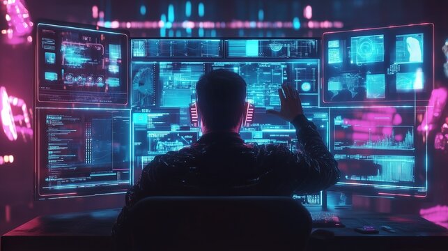 Cyberpunk Coder Working in a Neon-Lit Multi-Screen Setup - Powered by Adobe