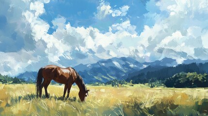 Side view of a horse grazing in a field, with a beautiful mountain range in the background. -