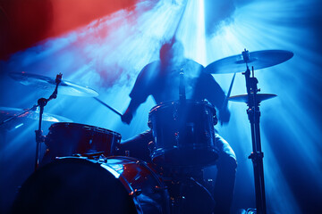 Rock concert drum solo with the drummer illuminated by spotlights, capturing the raw energy and skill of a passionate musician in their element