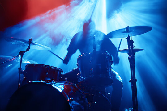 Rock concert drum solo with the drummer illuminated by spotlights, capturing the raw energy and skill of a passionate musician in their element