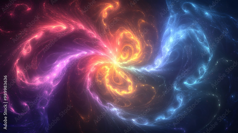 Poster 3. an eye-catching abstract design of neon fractals that radiate in a kaleidoscope of colors, set ag