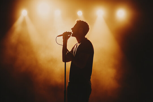 A lead singer holding a microphone, standing at the front of the stage, commanding the audience's attention with their charismatic presence and electrifying performance