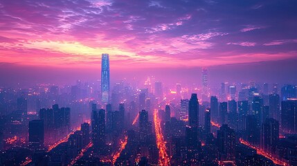 Fototapeta premium Cityscape at Sunset with Pink Clouds and Skyscrapers