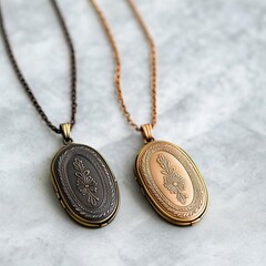 Vintage-inspired locket necklace, brass and copper, engraved details, nostalgic and unique