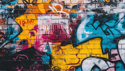Obraz premium A graffiti-covered urban wall, showcasing vibrant colors, bold lines, and an edgy, artistic vibe