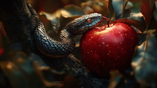 scene of a snake in an apple tree next to a red apple depicting original sin and temptation symbolizing the biblical narrative of the garden of eden and the serpent's role in the fall of man