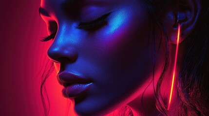 Obraz premium Woman s Face in Neon Light Close up Portrait Red and Blue