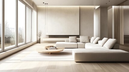Sleek modern living room with a minimalist aesthetic, featuring neutral tones and clean lines.