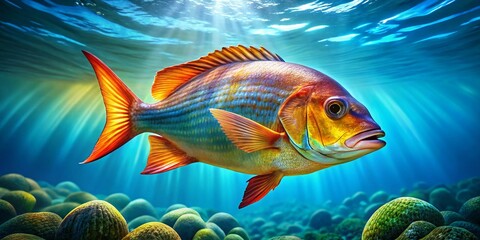 Fototapeta premium Stunning Pampus Argenteus Fish Swimming Gracefully in Clear Blue Ocean Waters Underwater Scene