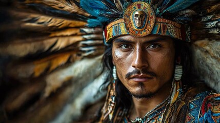 Obraz premium portrait of a man in traditional aztec warrior attire dressed as moctezuma the general featuring a feathered headdress and ceremonial armor symbolizing the powerful leadership of the aztec empire