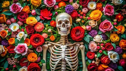 Fototapeta premium Stunning Skeleton Surrounded by Elegant Roses Symbolizing Life, Death, and Eternal Beauty in Nature