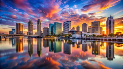 Stunning skyline view of Tampa, Florida at sunset with vibrant colors reflecting on the water