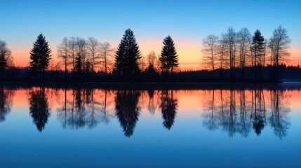 Obraz premium Soft ambient light of a sunset reflecting on a calm lake, with trees in silhouette.