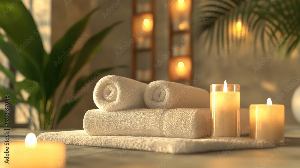 Poster soft ambient lighting in a spa setting, with candles and plush towels creating a relaxing vibe.