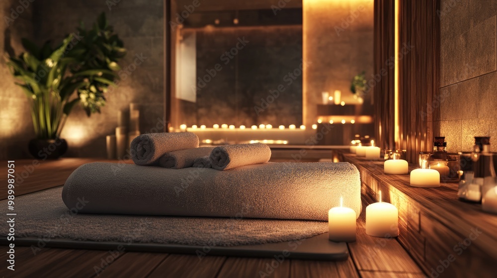 Aufkleber soft ambient lighting in a spa setting, with candles and plush towels creating a relaxing vibe.
