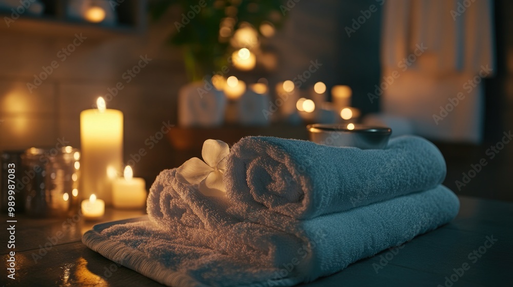 Poster soft ambient lighting in a spa setting, with candles and plush towels creating a relaxing vibe.