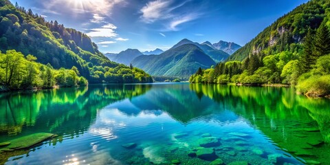 Stunning view of a tranquil lake surrounded by lush green mountains under a clear blue sky