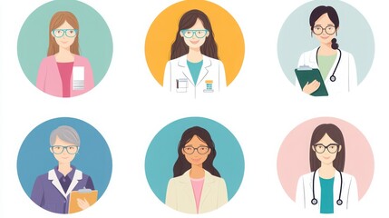 a set of illustrated avatars of teachers and their different teaching approaches in circular frames. One teacher wears a lab coat and safety goggles