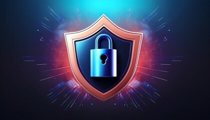Fototapeta premium A digital shield with a padlock symbolizes cybersecurity and protection in a vibrant, futuristic design.
