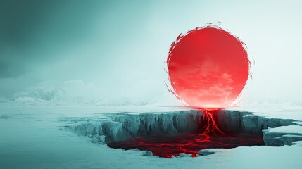 Red Sun Over Frozen Landscape with Lava Flow