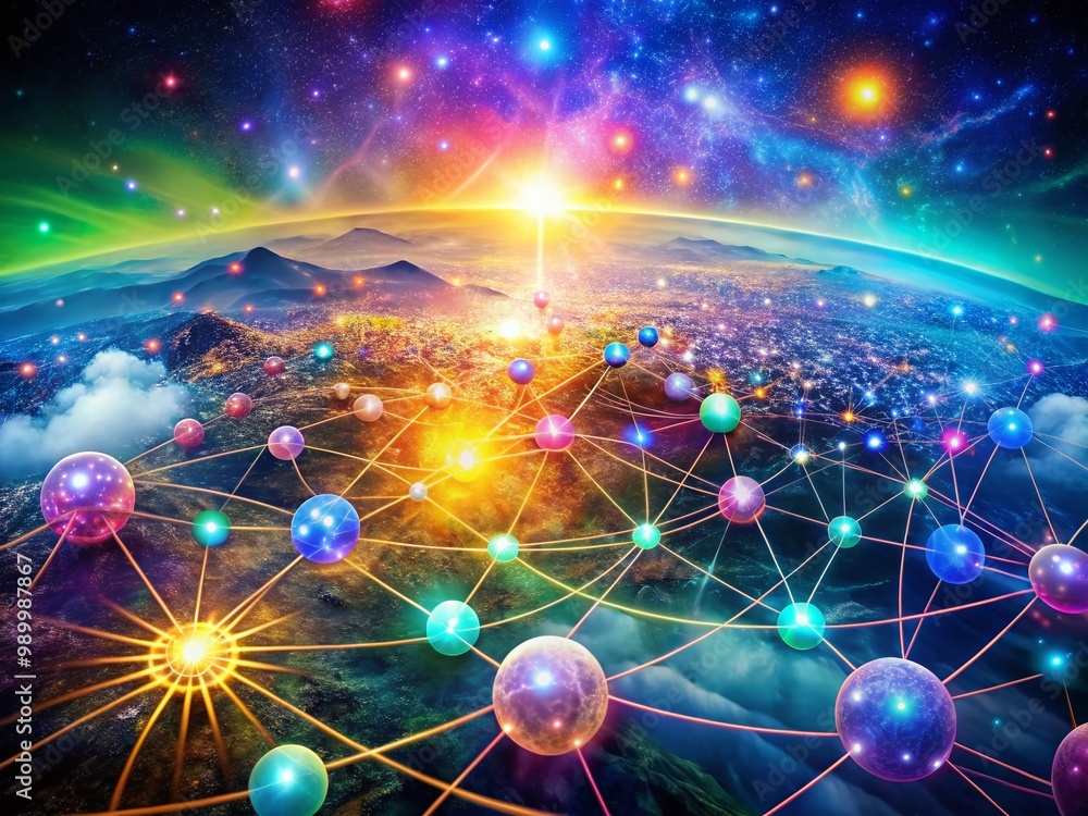 Poster stunning visualization of quantum entanglement representing connections in quantum physics concepts