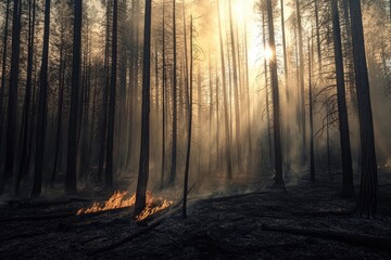 Obraz premium A Sunlit Forest Floor with Burning Embers and Smoke