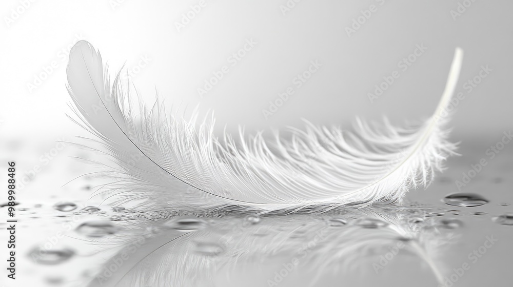 Poster soft feather gently falling onto a smooth surface, creating a peaceful and delicate scene.