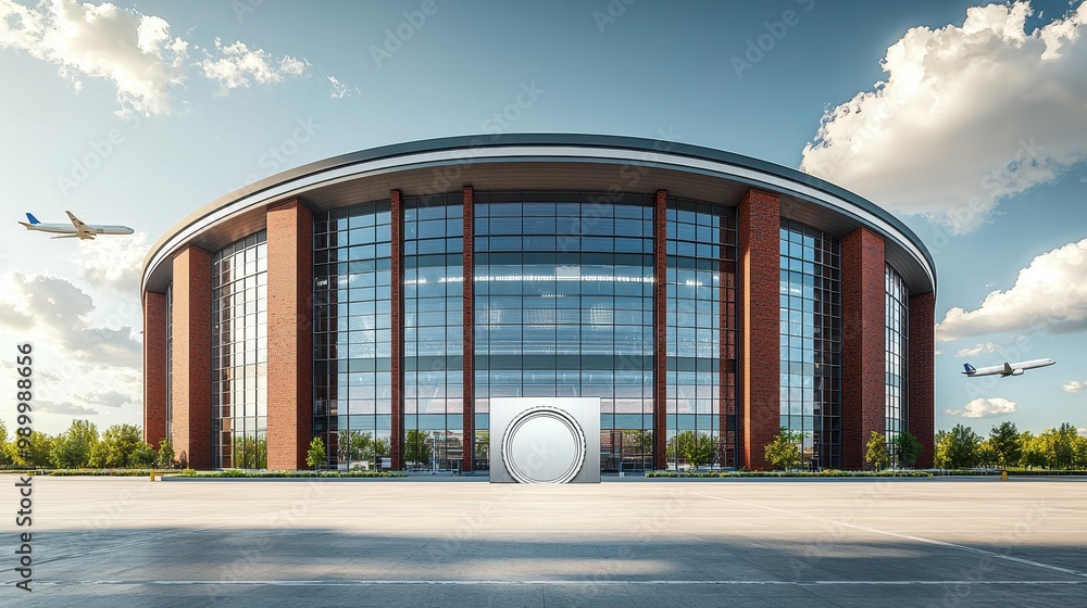 Poster modern architecture building with empty space and flying planes