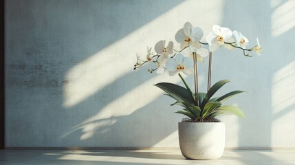Fototapeta premium A beautiful orchid arrangement displayed in a minimalist room with natural light.