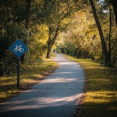 A bike path sign nestled along a peaceful, tree-lined route, perfect for safe cycling.