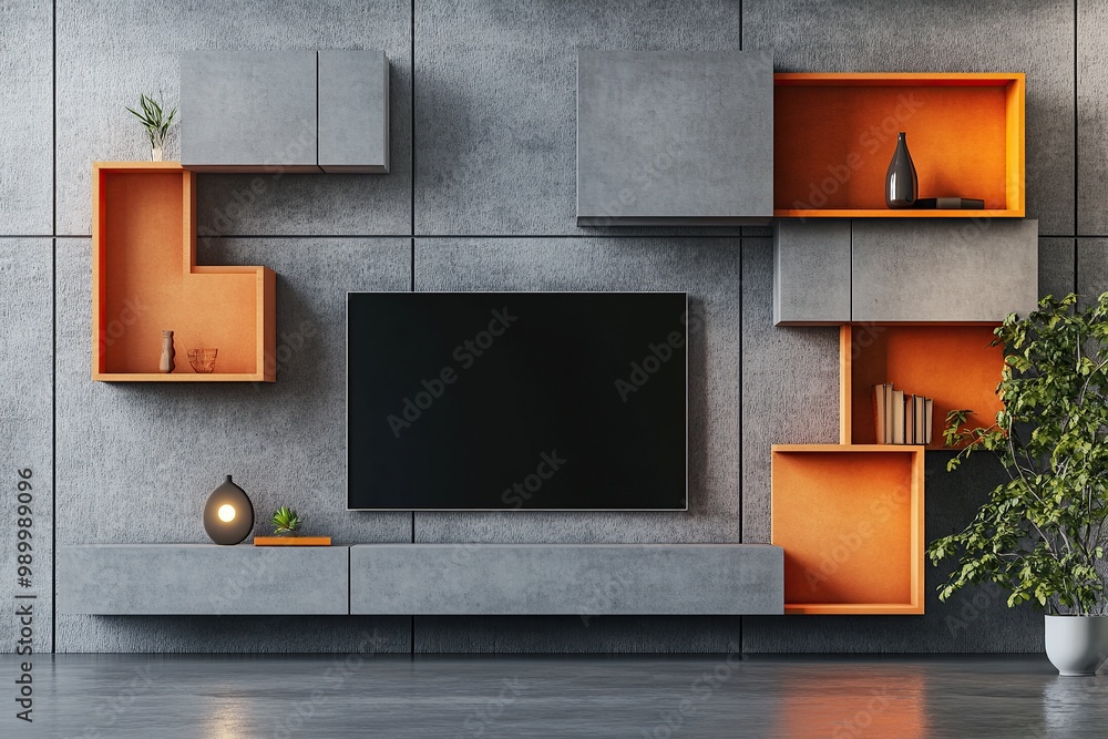 Poster 3d rendering of a modern tv wall with shelf and light box on a grey background