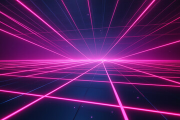 Futuristic 80s-inspired neon grid with retro laser beams, creating a nostalgic yet cutting-edge visual experience that blends past and future aesthetics