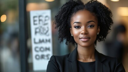 black woman recruitment consultant manager next to a recruiting sign in an office showcasing the professional talent acquisition and hiring process in human resources for a diverse corporate team