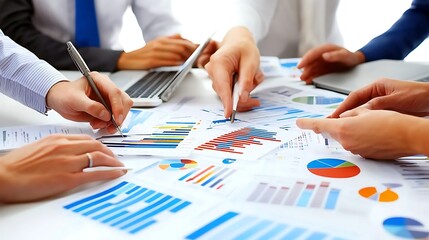 Business Team Reviewing Market Data with Laptops and Printed Reports