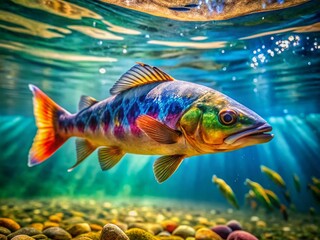Naklejka premium Sutchi Fish Swimming in Clear Water with Natural Habitat, Freshwater Aquatic Life Underwater Scene