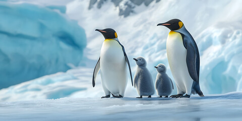 Naklejka premium Family of Penguins on Snowy Surface