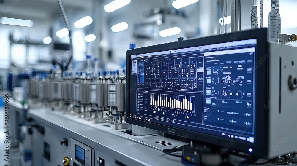 Poster modern laboratory equipment with data display on monitor