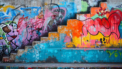 A graffiti-covered urban wall, showcasing vibrant colors, bold lines, and an edgy, artistic vibe