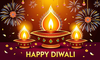 Colorful clay diya lamps with flowers on purple background