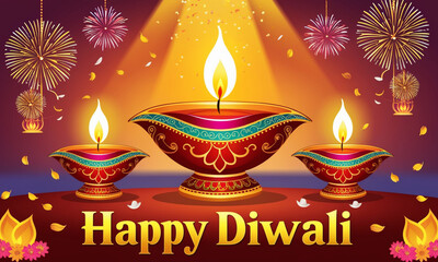Colorful clay diya lamps with flowers on purple background