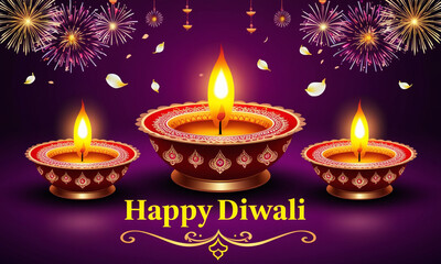 Colorful clay diya lamps with flowers on purple background